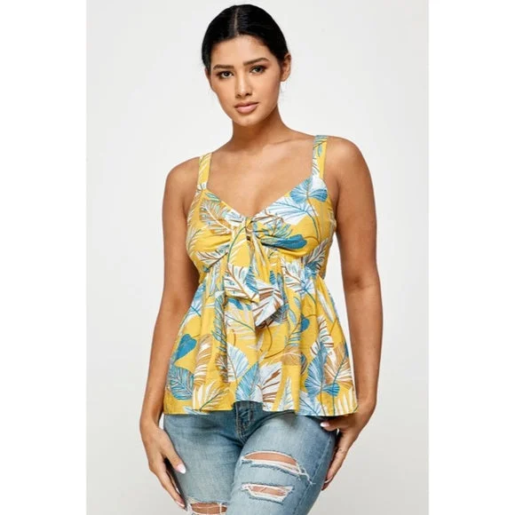 Bargain Bin Honey Yellow Blue Tropical Floral Knotted Cami Babydoll Summer Vacation Tank Top