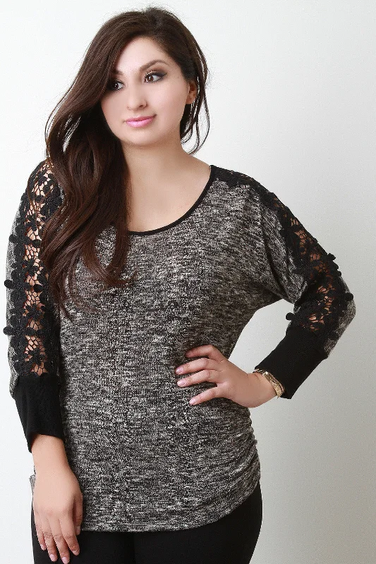 Hurry Up Heathered Crochet Lace Quarter Sleeves Top