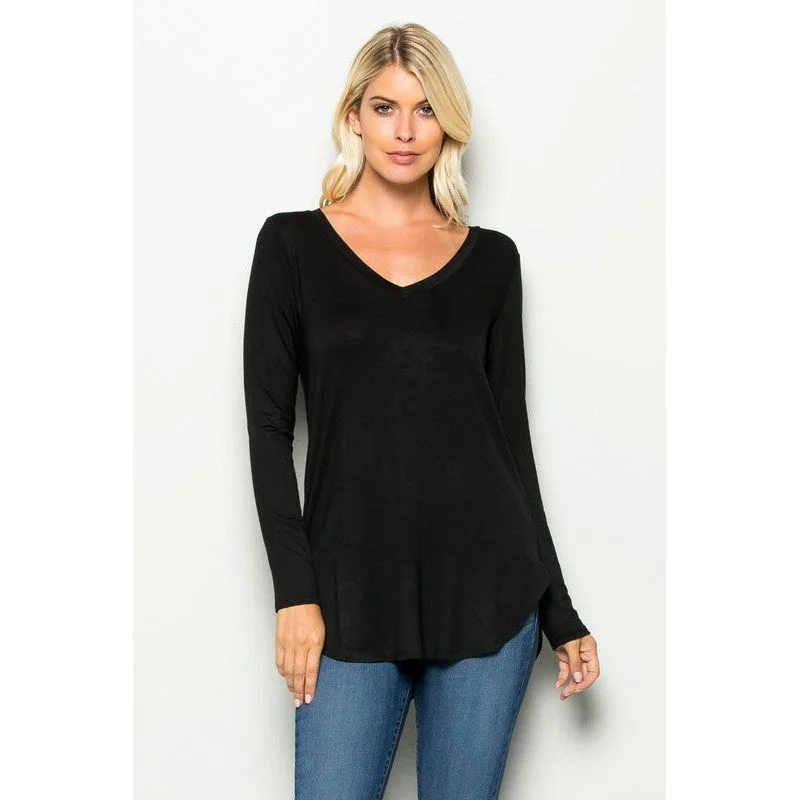 Weekend Deals That Dazzle Black V-NECK LONG SLEEVE SOLID TOP