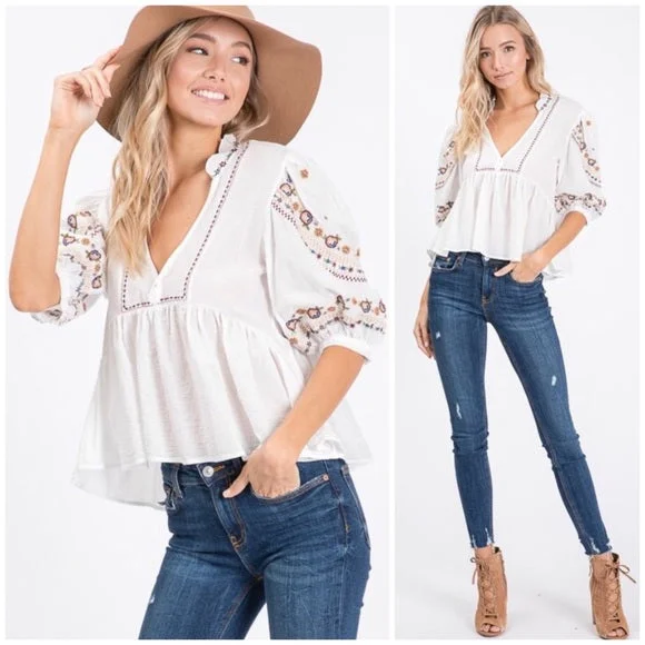 Weekend Bargains to Sizzle Boho Vintage Embroidered White Peasant Blouse Casual Womens
