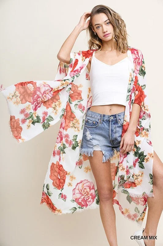 Holiday Sale Umgee Sheer Floral Print Open Front Kimono Wrap Chiffon Womens S/M M/L