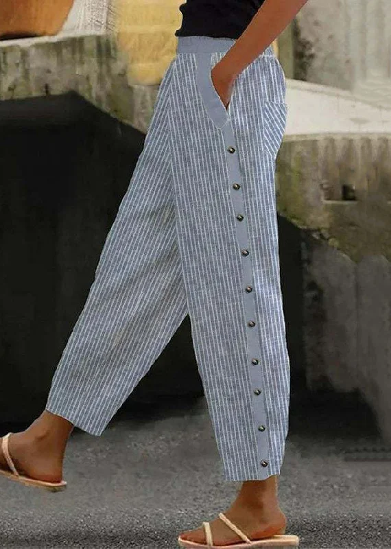 Best Deals Vintage Blue Striped Pockets High Waist Cotton Crop Pants Summer