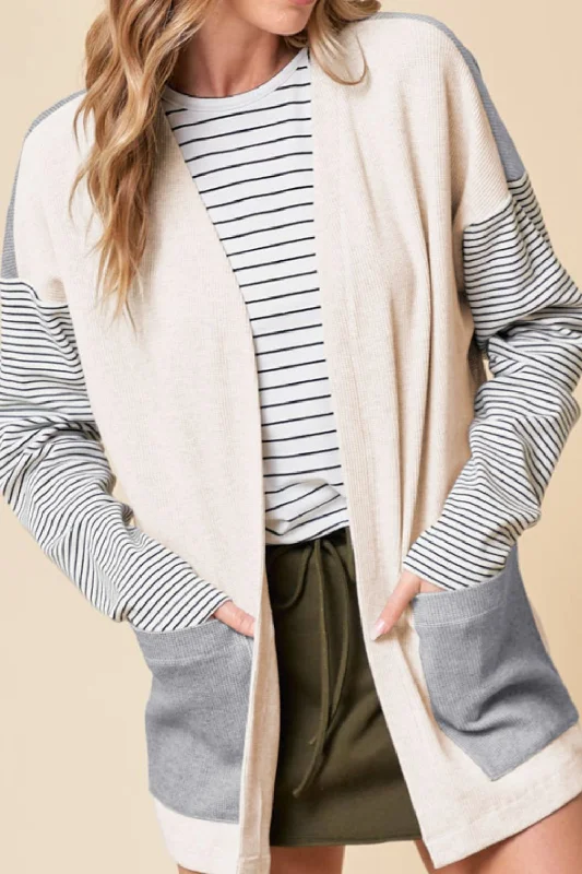 Seasonal Clearance Open Front Long Sleeve Striped Cardigan with Pockets