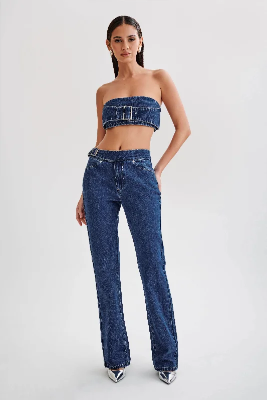 Weekend Shopping Bliss Romona Low Rise Buckle Denim Jean - Dark Blue