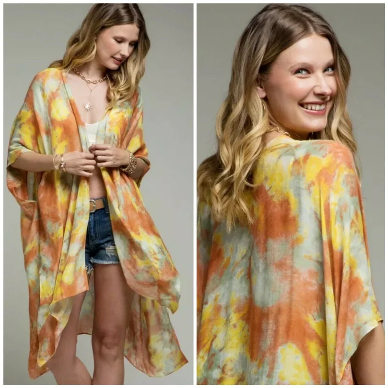 Make Your Weekend Count with Savings Dreamy Sunrise Water Color Inspired Tie Dye Kimono Boho Open Wrap Casual Womens