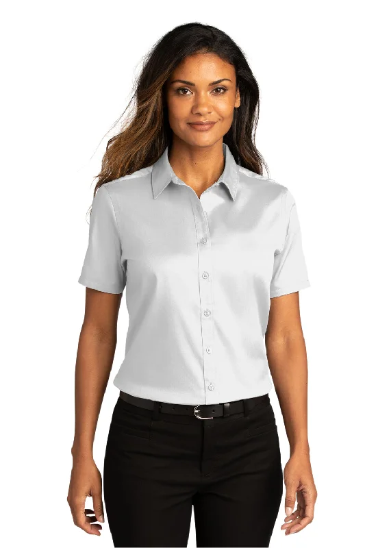 Final Clearance Port Authority Womens SuperPro Wrinkle Resistant React Short Sleeve Button Down Shirt - White