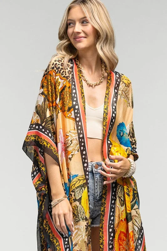 Seasonal Sale Milan Colorful Leopard Animal Print & Floral Border Kimono Wrap Coverup Top