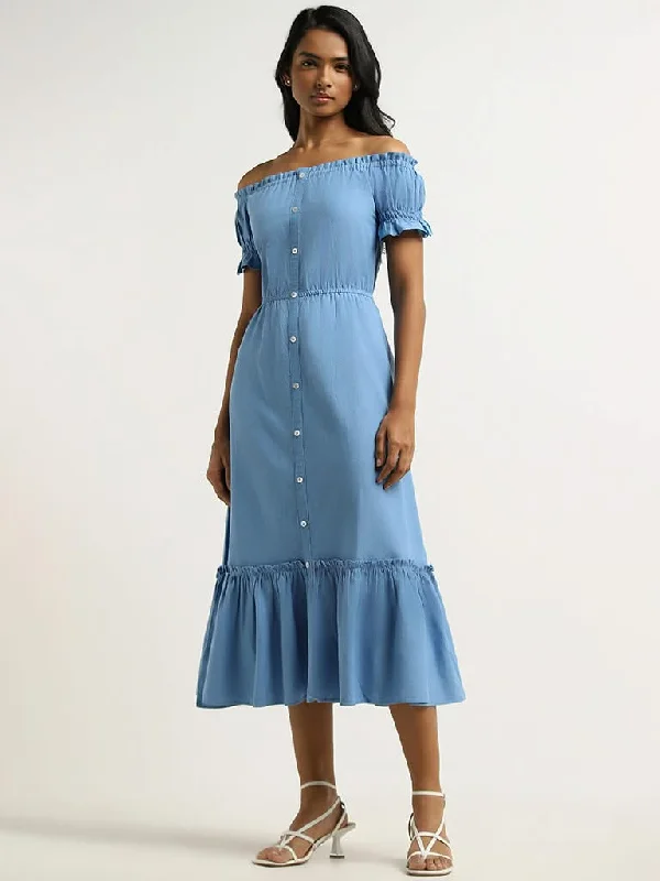 Hot Buy LOV Blue Off-Shoulder Blended Linen Dress