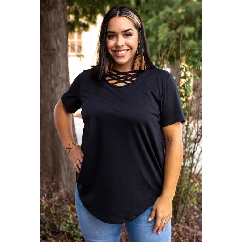 Weekend Bargains to Grab Black Short Sleeve Top with Curved Hem Relaxed Fit, Caged Neck