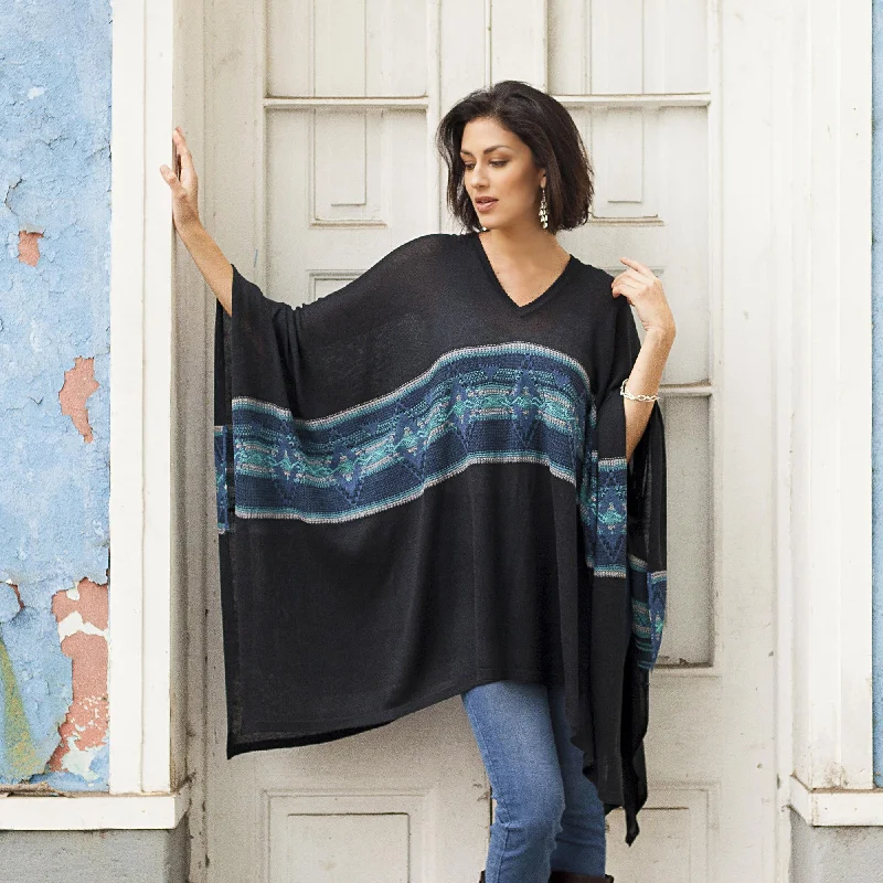 Price Blitz Seasonal Escape Artisan Crafted Cotton Blend Poncho in Black and Blue