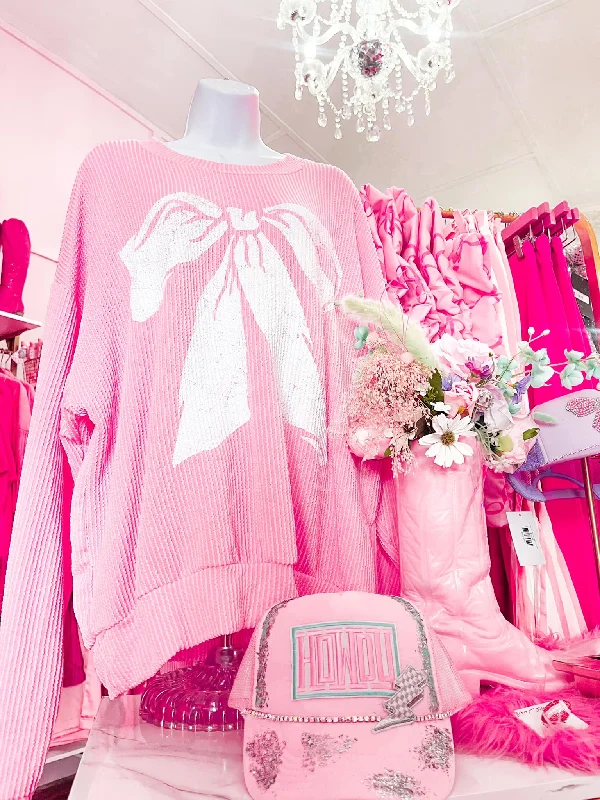 Sale Alert Pink Big BOW Ribbed Oversized Sweatshirt