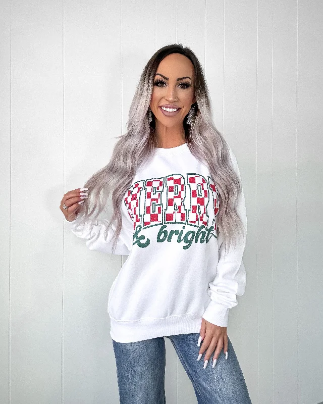 Weekend Deals to Make You Smile Merry & Bright Checkered Sweatshirt - White