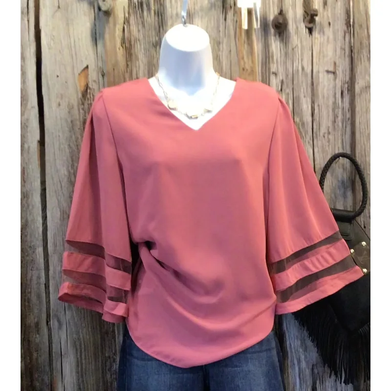 Major Deal Woven Wool Peach Mesh Panel, 3/4 Bell Sleeve Top, Desert Rose
