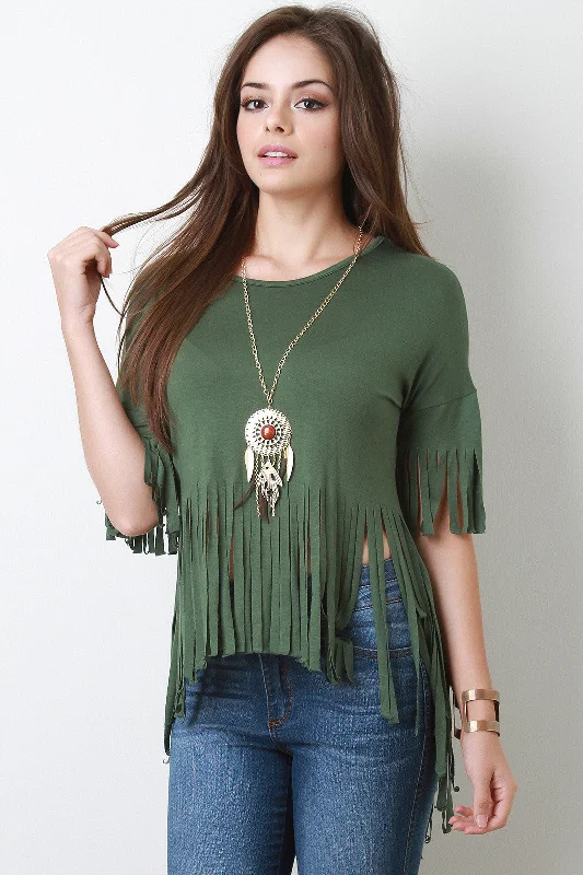 Super Discount Boho Necklace Fringe Cut High Low Short Sleeves Tee