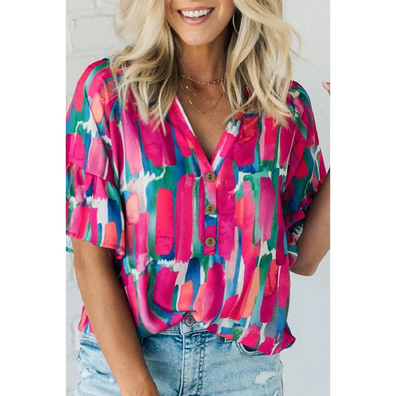 Weekend Discounts to Delight Abstract Brushwork V-Neck Blouse, Rose