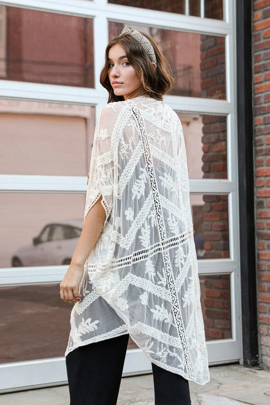 Weekend Discounts to Relish Natural Ivory Embroidered Mesh Leaf Boho Bohemian Sheer Kimono Womens One Size