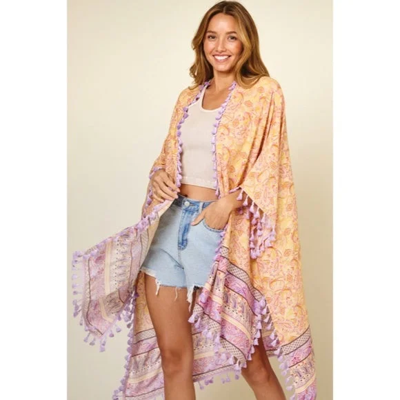 Act Now Lavender Paisley Printed Kimono Wrap Bohemian Cardigan w/ Tassels Fringe Womens