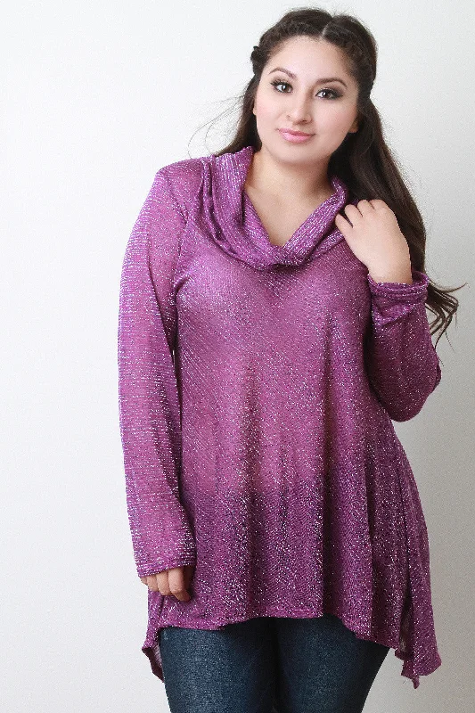Incredible Offers Glitter Stripe Cowl Neck Long Sleeves Sharkbite Hem Top