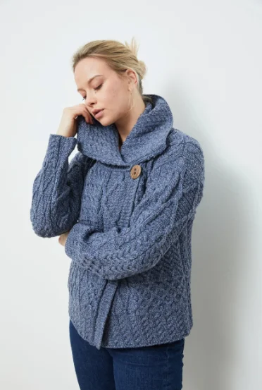 Weekend Bargains to Grab Aran - Merino Patchwork Cardigan - Denim Marl