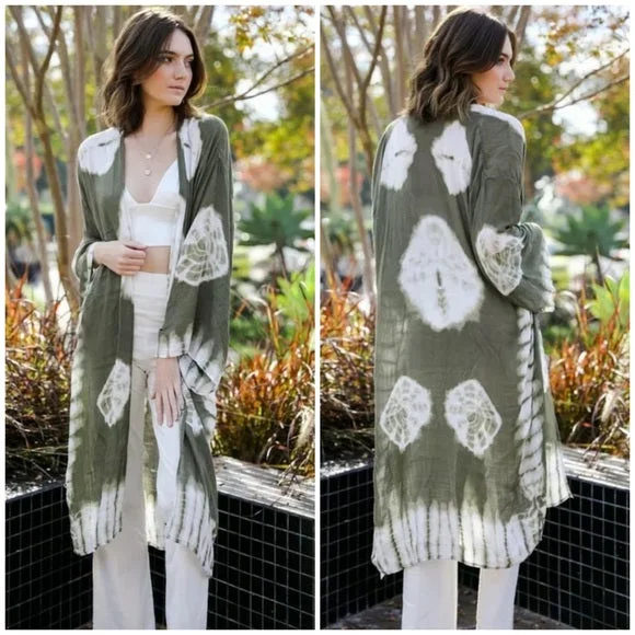 Weekend Shopping Bliss Olive Tie Dye Kimono Duster Wrap Coverup Casual Womens