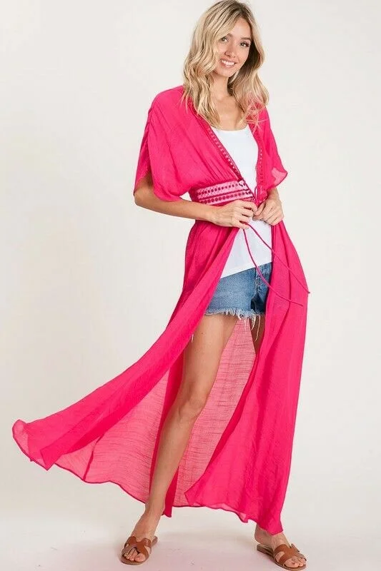 Weekend Savings Bonanza Fuchsia Crochet Boho Kimono Duster Short Sleeve Cardigan Wrap Womens
