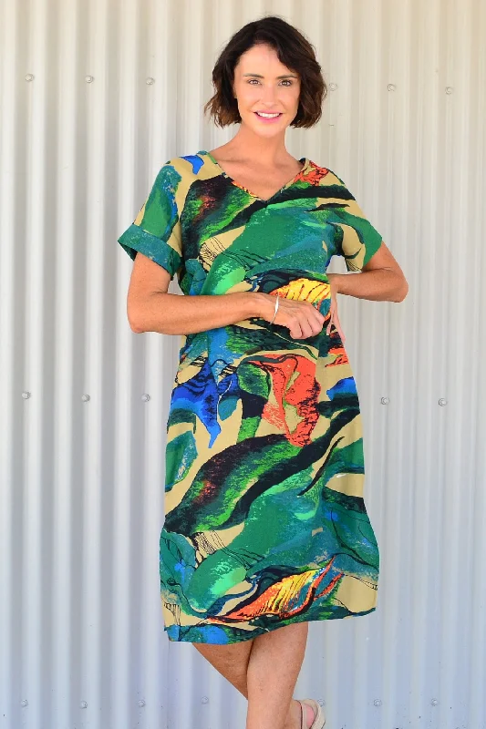 Weekend Offers That Sizzle Green Orange Playful Tunic Dress