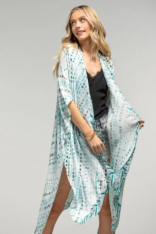 Special Promotion Turquoise Watercolor Dots Printed Open Kimono Wrap Coverup Summer Top One Size