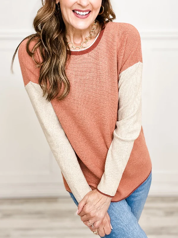 Super Deal Mini Waffle Color Block Pullover Sweater