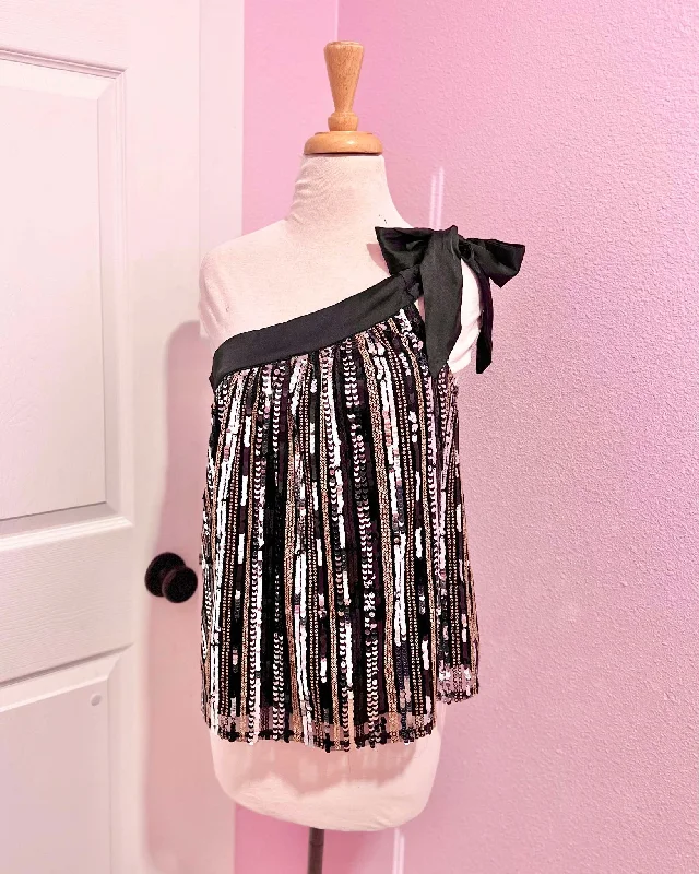 The Best Prices Black Sequin One Shoulder Tie Detail Top