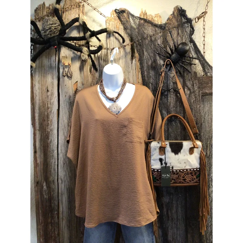 Weekend Savings Spree Woven Airflow V-Neck Dolman Short Sleeve Top, Latte