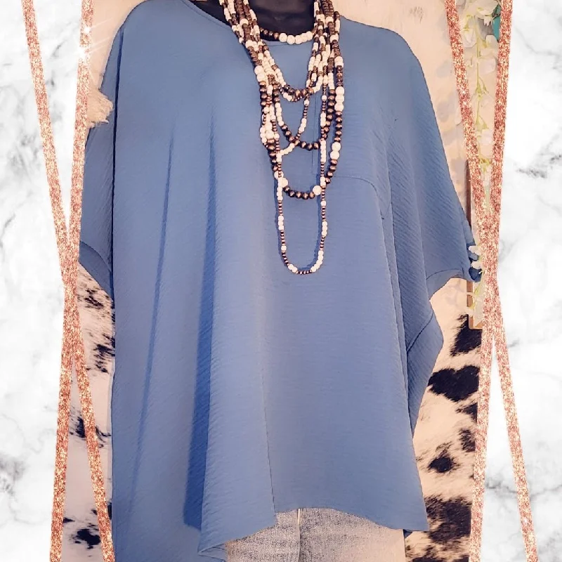 Weekend Offers That Please Woven Airflow V-Neck Dolman Short Sleeve Top, Dusty Blue