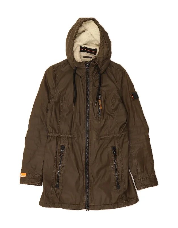 Price Smash SUPERDRY Womens Hooded Parka Jacket UK 10 Small Khaki Cotton