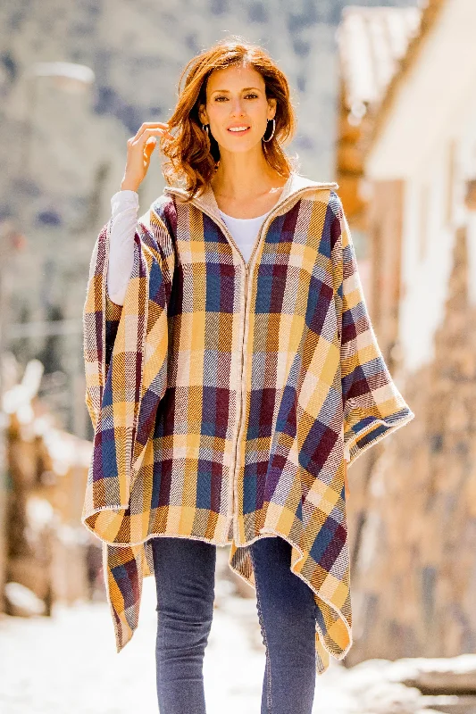 Year-End Sale Cuzco Morning Check Pattern Alpaca Blend Poncho Sweater from Peru