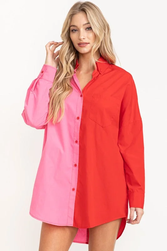 Lowest Price Keep It Up Red and Pink Color Block Button Down Shirt