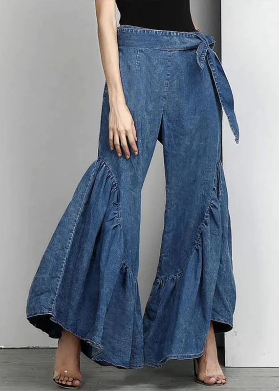 Weekend Deal Italian Blue Ruffled Bow Waist Patchwork Denim Pants Summer