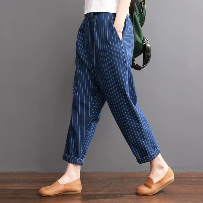 Early Access Navy striped summer crop pants cotton trousers elastc wiast