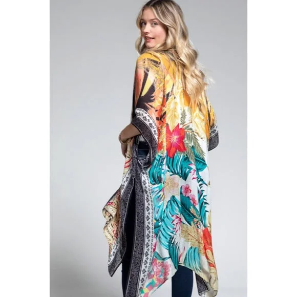 Seasonal Clearance Tahiti Colorful Tropical Floral Vacation Open Kimono Wrap Coverup Top Women's