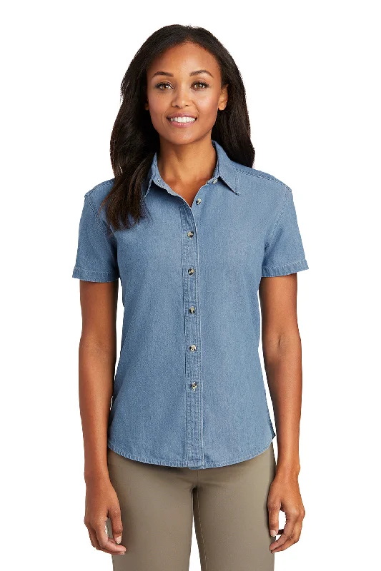Daily Deals Port & Company Womens Denim Short Sleeve Button Down Shirt - Faded Blue
