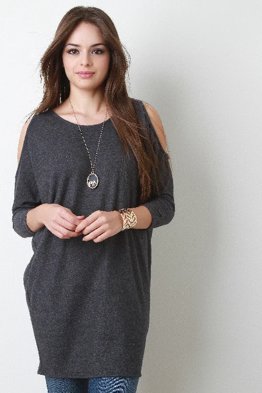 Price Rollback Cold Shoulder Dolman Sleeve Fleece Top