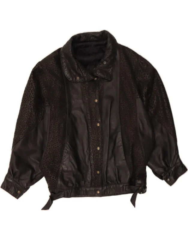 Amazing Deals VINTAGE Womens Leather Jacket UK 14 Medium Black Animal Print