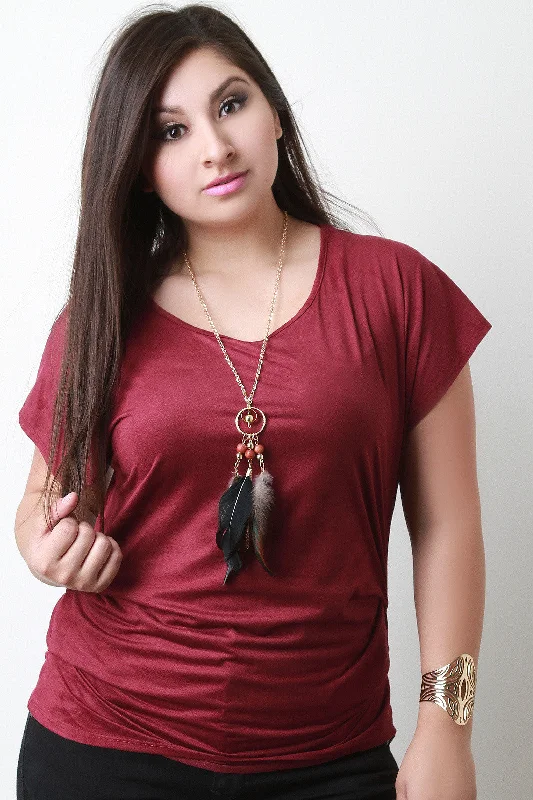 Reduced Prices Feather Necklace Ruched Batwing Suede Top