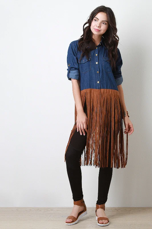 Bonus Savings Contrast Suede Fringe Denim Long Sleeves Maxi Top