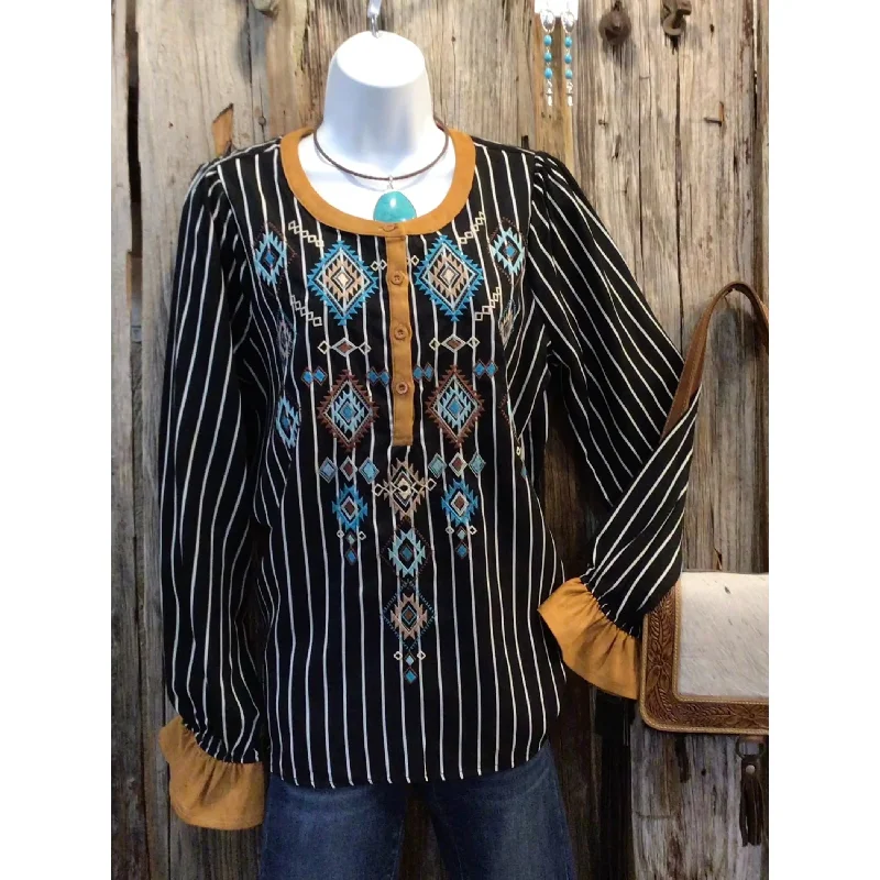Time-Sensitive Striped Top, Aztec Embroidery, Long Sleeves, Round Neck, Half Button Down Top