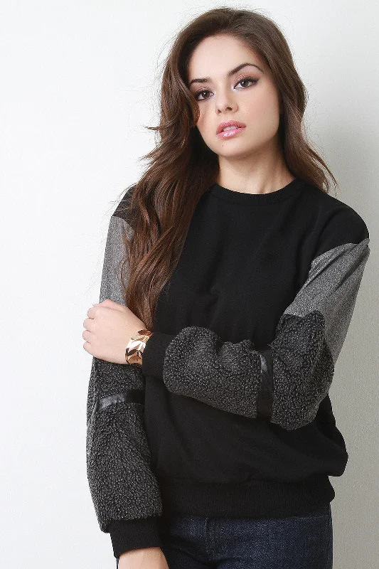 Price Break Banded Shearling Mixed Materials Sweatshirt Top