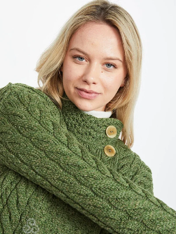 Referral Discount Aran- Asymmetrical Cardigan with Buttons - Green