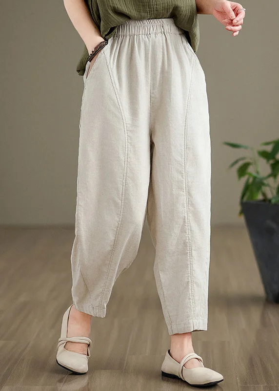 Fantastic Savings Simple Beige Pockets Elastic Waist Cotton Pants Fall