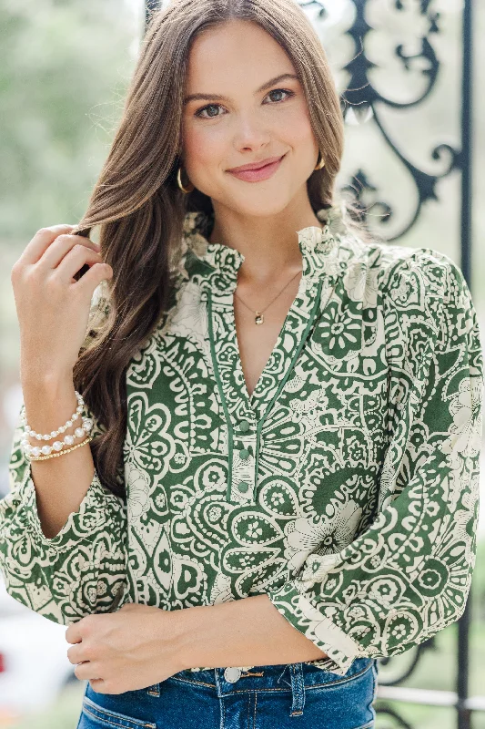 Great Deal Give It Your All Olive Green Floral Blouse