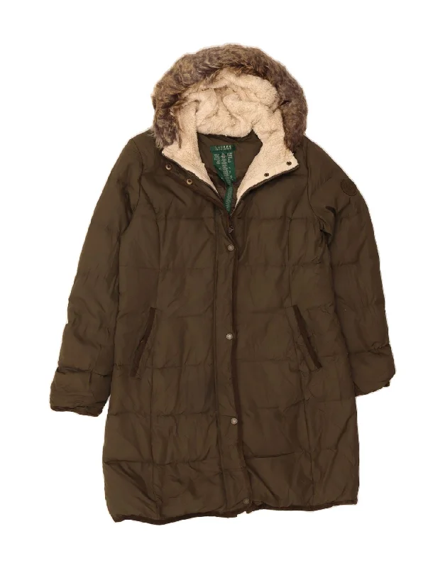 Can't Beat RALPH LAUREN Womens Hooded Padded Coat UK 14 Medium Khaki Polyester