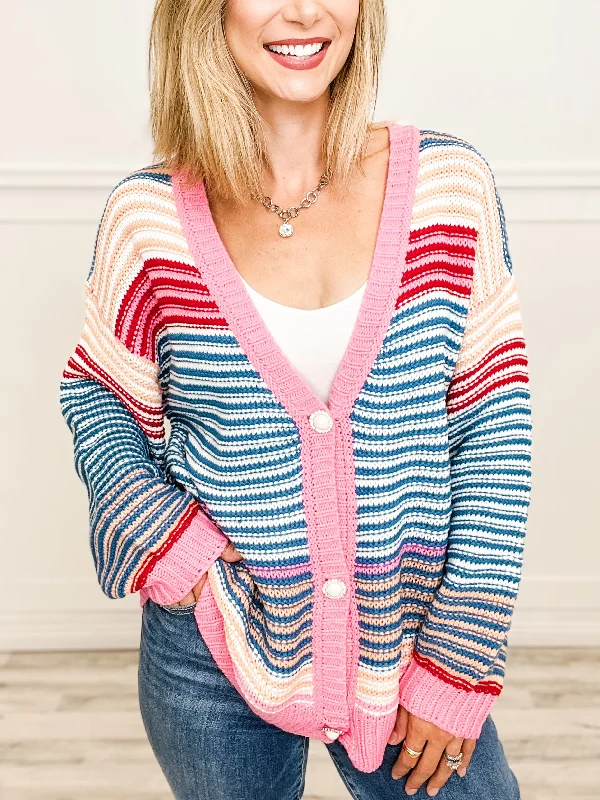 Time-Limited Offer Multi Striped Cardigan Top with Jeweled Button Front