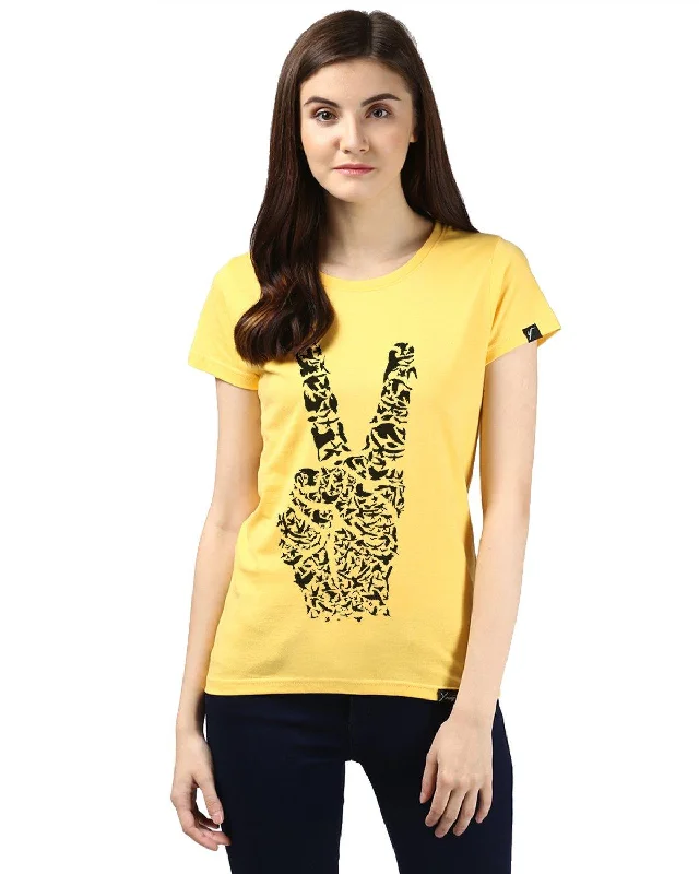 Weekend Discounts to Enjoy Womens Half Sleeve Peace Printed Yellow Color Tshirts